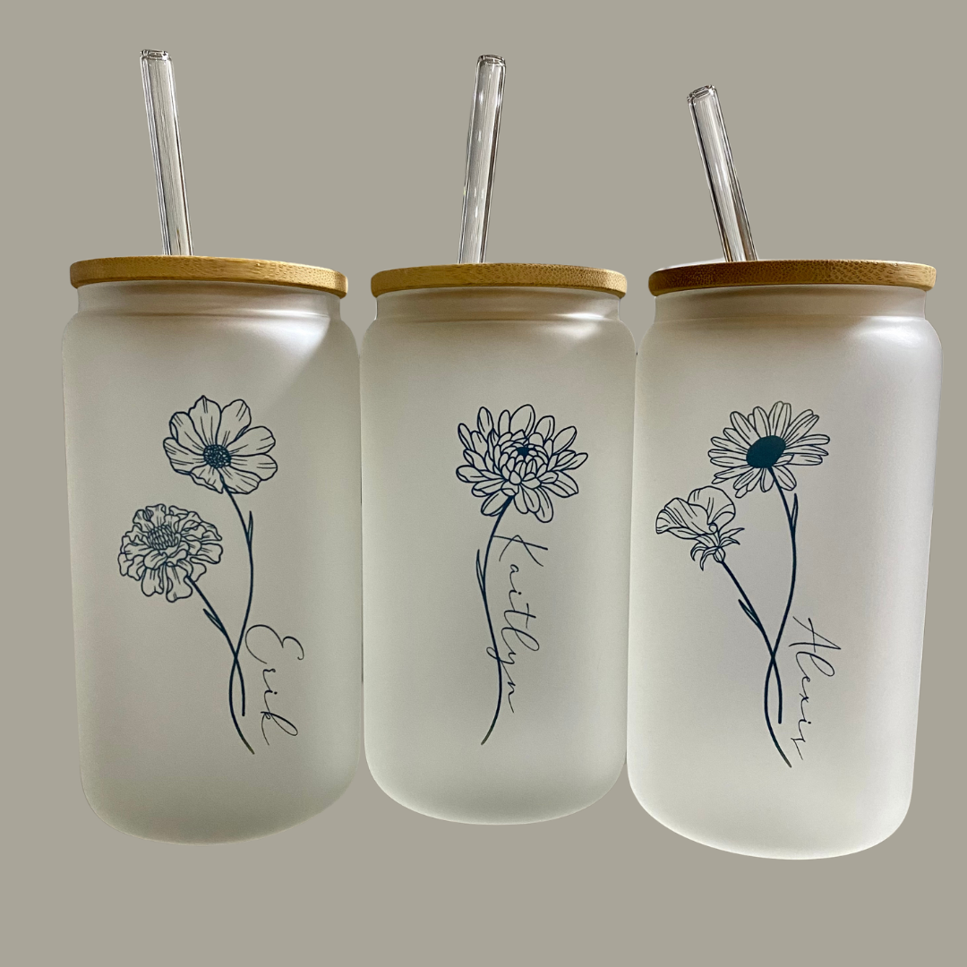 Custom Birth Month Flower Frosted Glass Tumbler, 16 oz Iced Coffee Cup