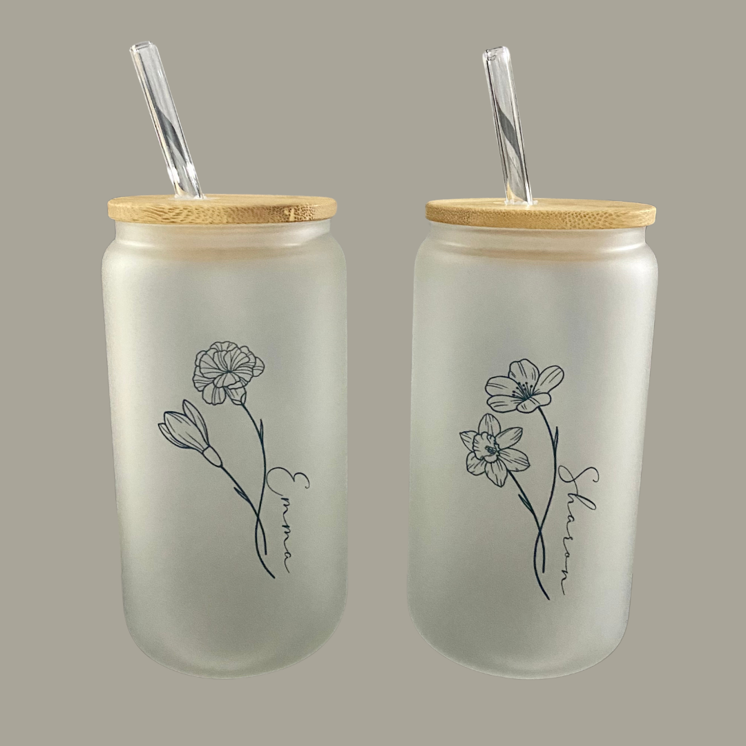 Custom Birth Month Flower Frosted Glass Tumbler, 16 oz Iced Coffee Cup