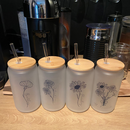 Custom Birth Month Flower Frosted Glass Tumbler, 16 oz Iced Coffee Cup