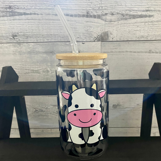 Cow Print Glass Tumbler, 16 oz Iced Coffee Cup - Vinyl